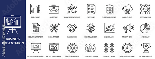 Business Presentation and Meeting Line Icons Set Vector | Strategy, Data, Teamwork, and Success Outline Collection