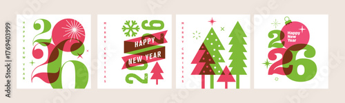 Christmas and New Year 2026 greeting cards, banners and covers templates. Vector illustrations website, social media, business and marketing material.