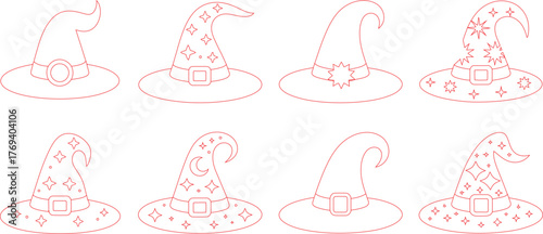 Eight RedOutline Witch Hats with Buckles, Crescent Moon and Star Details for Halloween Decoration