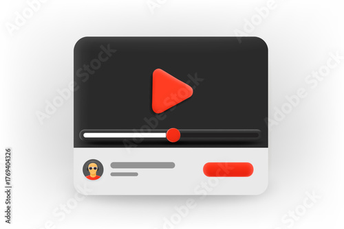 Online video player with play button template with progress bar. Vector 3d application icon
