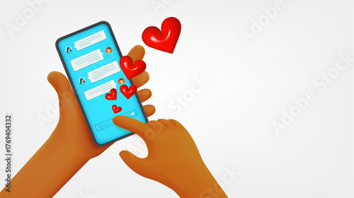 Dating via smartphone. 3d vector concept