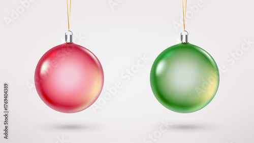 Two christmas baubles on rope. Red and green. 3d vector illustration