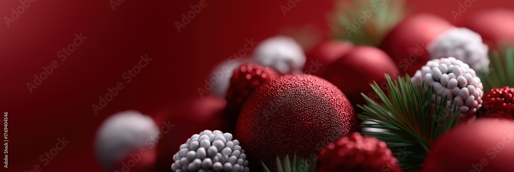 Obraz premium Festive red and white christmas ornaments with pine branches