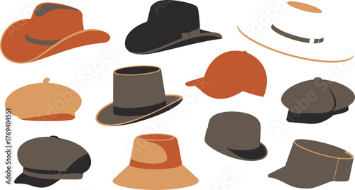 Illustration of a Variety of Hats Cowboy, Top Hat, Baseball Cap, Beret, and More