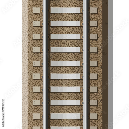 Overhead view of a model railroad track with gravel and wooden sleepers