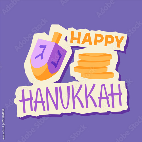 Happy Hanukkah sticker with dreidel and coins. Holiday image in cartoon style.