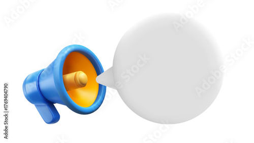 Megaphone with speech balloon. 3d vector illustration with copy space