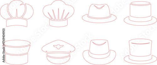 Line Art Displaying Eight Hats Chef Hats, Fedora, Boater, Pilot Cap, and Top Hats