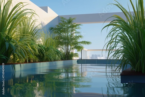 Modern rooftop pool with tropical plants and city skyline