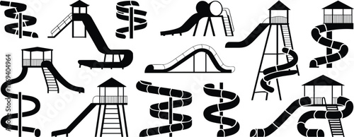 Silhouette water slides collection, playground slide designs, spiral and tube structures, amusement park elements, recreational equipment, black and white vector illustration