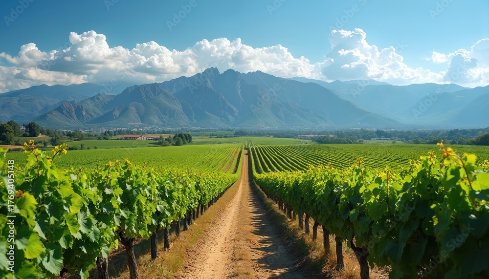 Fototapeta premium Vibrant green vineyard stretches along dirt path beneath towering mountains under clear blue sky. Rows of vines create picturesque landscape extending towards horizon. Serene rural scene agricultural