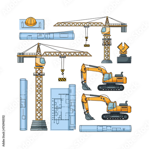 Construction equipment and blueprints vector set