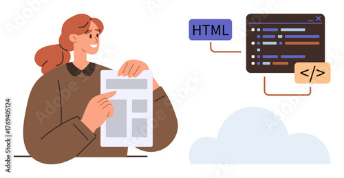 Woman analyzing a web design layout with visual code snippets and HTML tags. Ideal for web development, coding, education, user interface design, technology, creativity, digital learning, and simple