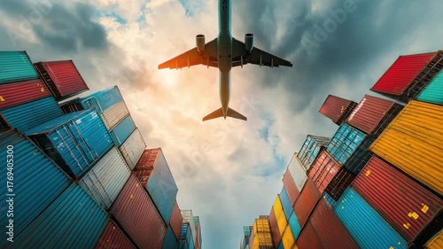 Global Trade Under the Sun: A cargo plane soars majestically above a colorful collection of shipping containers.