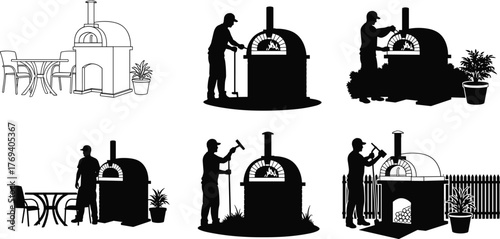 Silhouette vector illustration of people building and using outdoor wood fired pizza oven with tools, teamwork, cooking, leisure, construction, and lifestyle