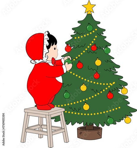 Cute baby in red Christmas outfit decorating a Christmas tree with ornaments and a star. Adorable festive cartoon illustration for holiday cards, kids’ designs, and Christmas decorations.  