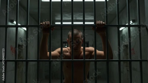 Prisoner behind bars in dark cell, shirtless prisoner grips metal rods, prisoner shown in isolation, relevant for crime story visuals, incarceration footage, law content and justice system materials