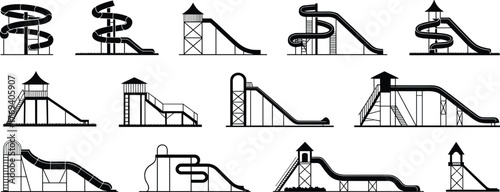 Water slide silhouette set, black vector illustration, spiral and straight designs, amusement park structures, recreational equipment, tower slides, outdoor fun concept