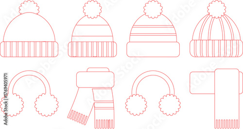 Outline Illustrations of Winter Hats and Scarves in Red on a White Background