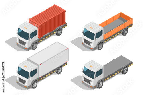 Set of industrial trucks for cargo transportation. Isometric projection. Isolated on white background. Vector illustration.