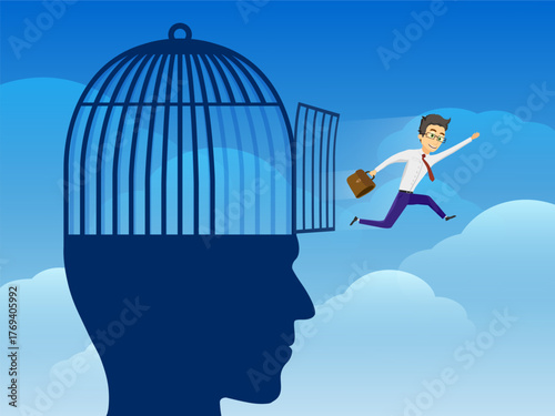 Businessman escapes from a cage inside a human head. Vector illustration.