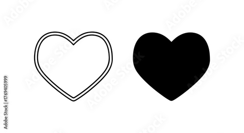 Two heart shapes one outlined and one solid black