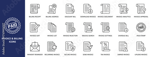 Invoice and Billing Line Icons Set Vector | Receipt, Document, Payment, and Finance Outline Collection