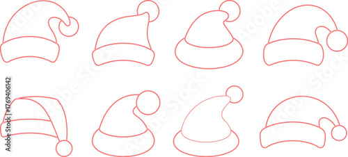 Outlined Christmas Santa Hats Red Line Art Displaying Festive Headwear, Holiday Season Illustrations