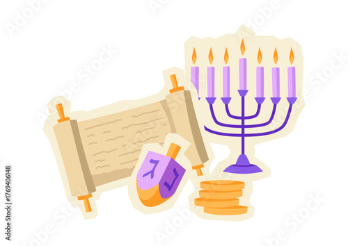 Happy Hanukkah sticker with traditional symbols. Holiday image in cartoon style.