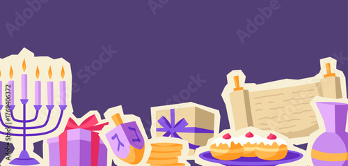 Happy Hanukkah background with stickers. Illustration with holiday objects.