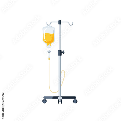 IV Drip Stand with Yellow Fluid Bag: Medical Treatment Illustration on White Background