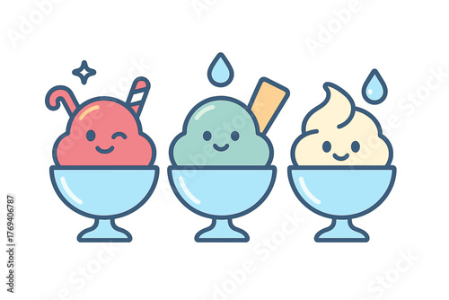 Three colorful scoops of smiling ice cream sundaes in dessert bowls with toppings and drops