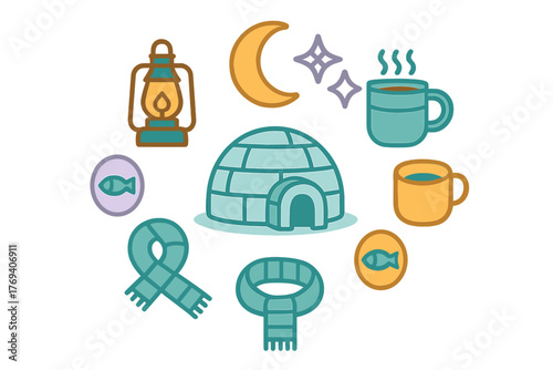 Winter and arctic symbols featuring an igloo, lantern, hot drinks, scarves, and celestial objects