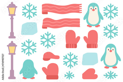 Adorable winter collection featuring penguins, snowflakes, scarves, mittens, and street lamps