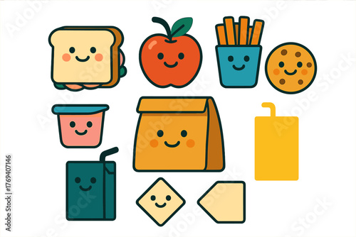 Cute collection of happy lunch food items including sandwich, apple, fries, and cookie