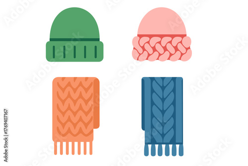 Four warm winter accessories set including knitted beanies and patterned scarves