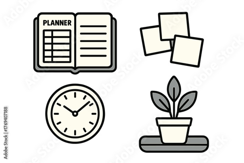 Productivity and planning items including schedule book, analog clock, sticky notes, and desk plant