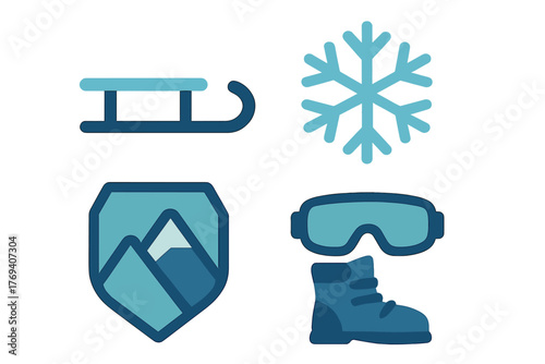 Flat design symbols for winter sports and cold weather including sled, snowflake, mountain, goggles, and boot