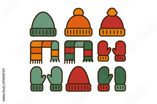 Colorful collection of winter accessories including knitted hats, warm scarves, and cozy mittens