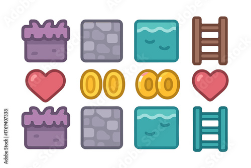 Essential 2D platformer game assets including blocks, coins, hearts, and ladders