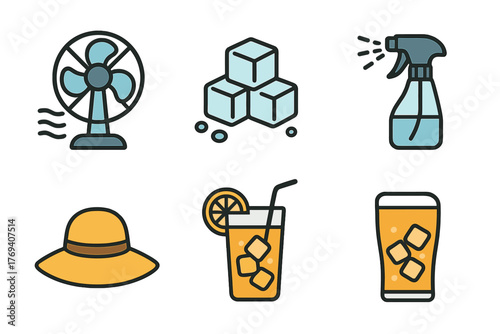 Set of essential items for summer heat relief including electric fan, ice cubes, cold drinks, sun hat, and spray bottle