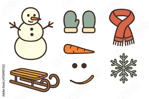 Set of cute winter holiday elements including snowman, sled, snowflake, scarf, and mittens