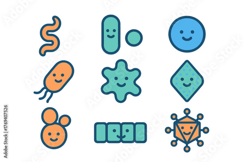 Diverse collection of cute smiling cartoon microbes, bacteria, and virus shapes for science