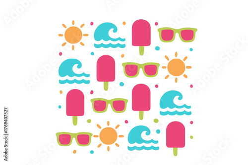 Seamless summer pattern featuring colorful popsicles, sunglasses, suns, and ocean waves on white background