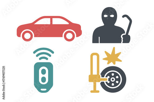 Automobile security and crime prevention concepts featuring thief, remote key, and wheel clamp
