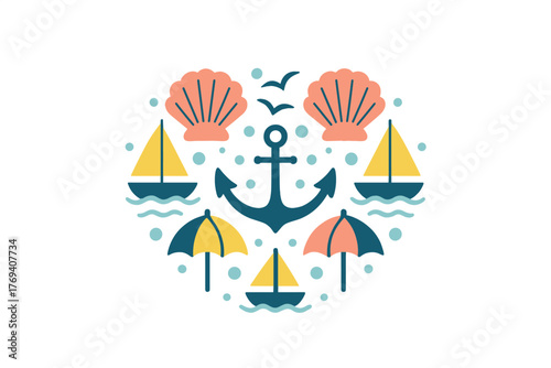Circular nautical composition featuring anchor seashells sailboats and beach umbrellas