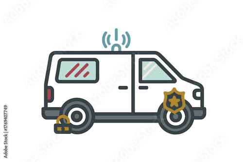 Stylized white security van featuring a police shield badge and digital lock symbol