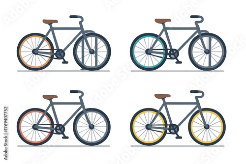 Set of four modern bicycles with various colored wheels symbolizing urban transport