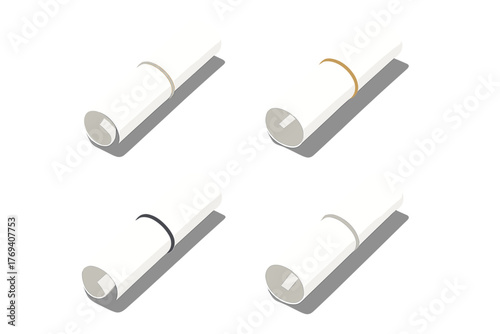 Four rolled white paper scrolls secured with different colored bands in an isometric view