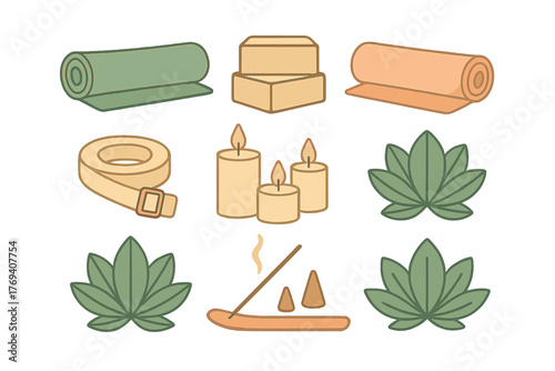 Essential wellness and yoga accessories set including mats, candles, soap, and lotus flowers